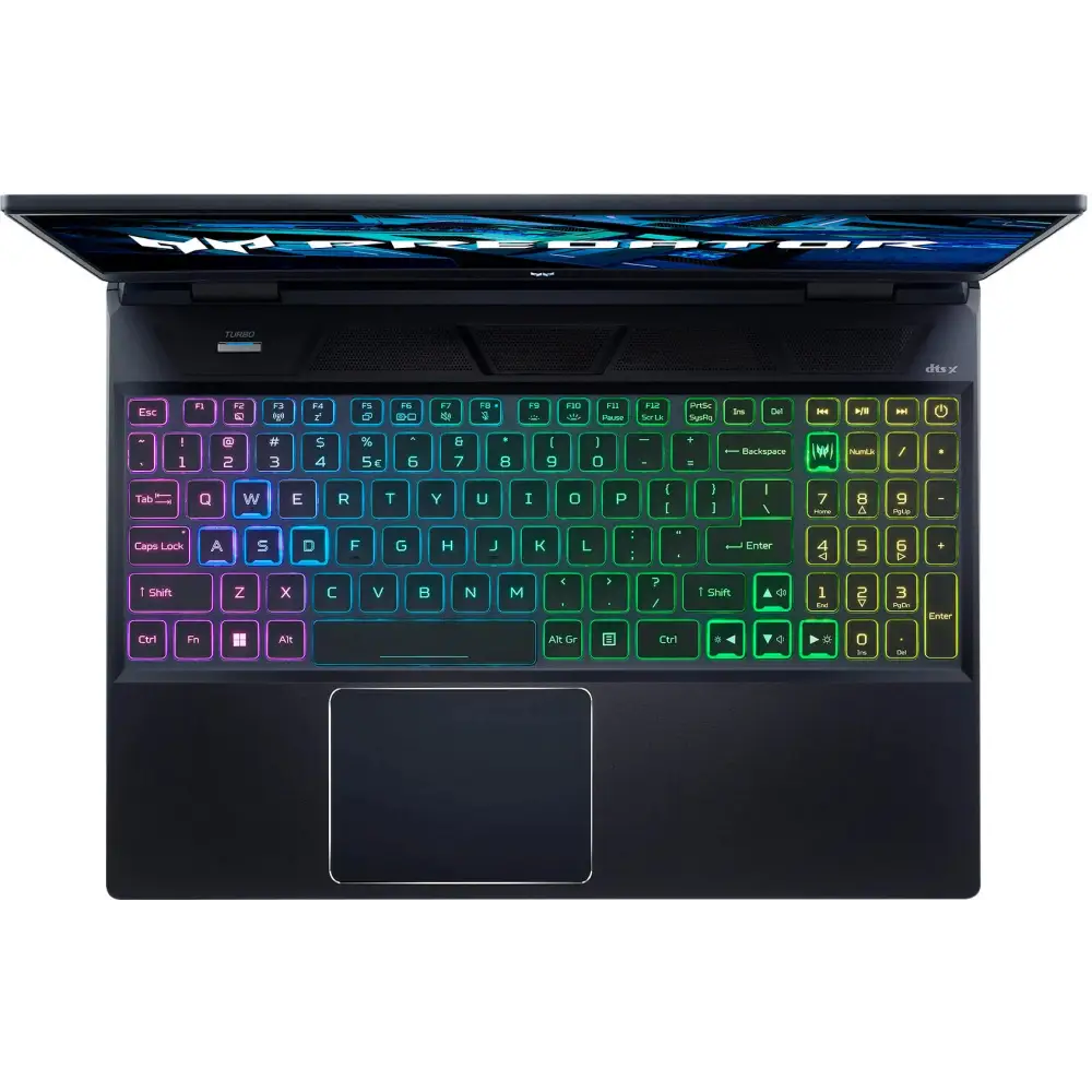 Open Acer Predator Helios RTX 3060 gaming laptop with colorful backlit keyboard