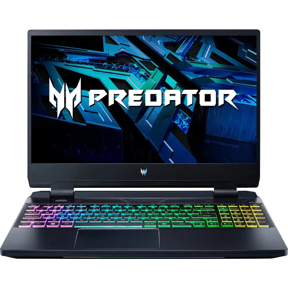 Black Acer Predator Helios RTX 3060 gaming laptop with rainbow keyboard design