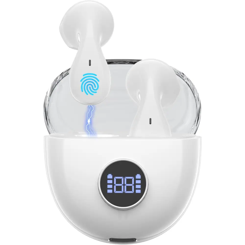 White wireless earbuds in charging case for Black Wireless Language Translation Earbuds
