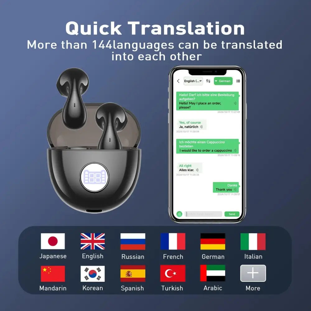 Black Wireless Language Translation Earbuds for Travel Business with multiple language options
