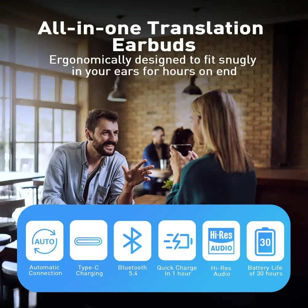 Black Wireless Language Translation Earbuds with Bluetooth 5.4 and 30-hour battery life