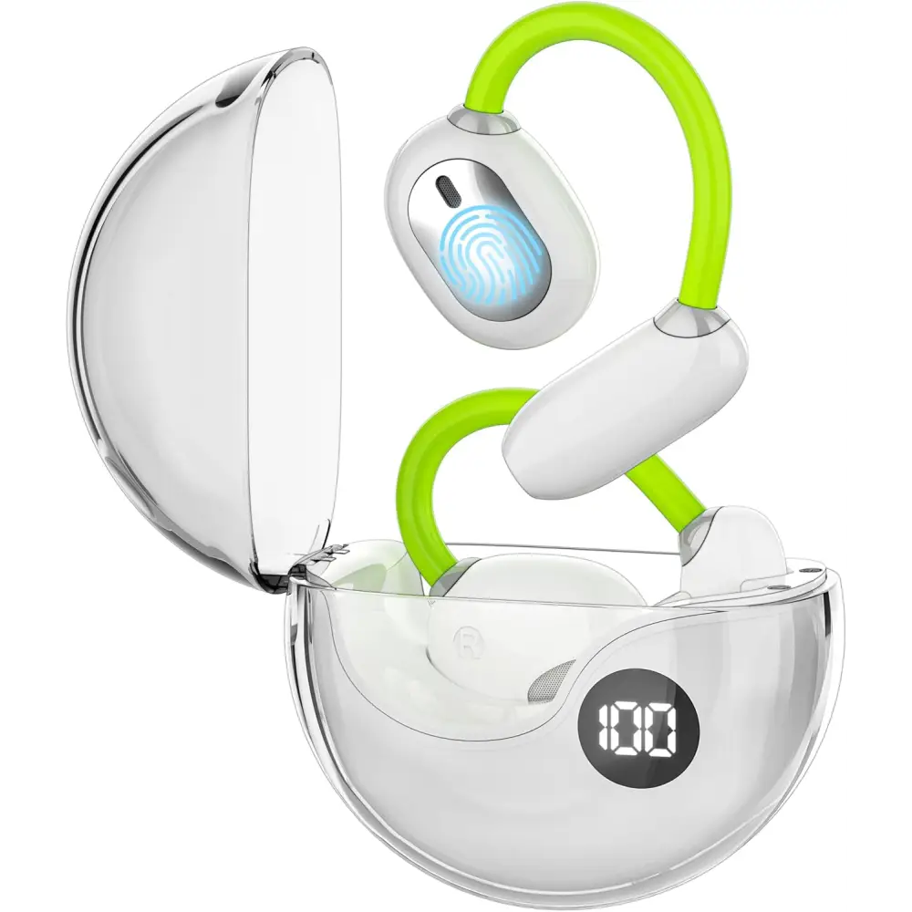 Wireless Language Translator Earbuds with flexible green stems in clear charging case