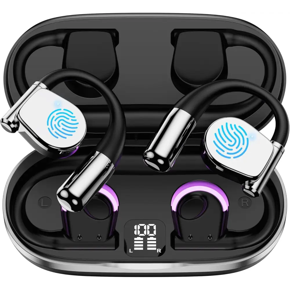 Black wireless earbuds with charging case for Wireless Language Translator Earbuds