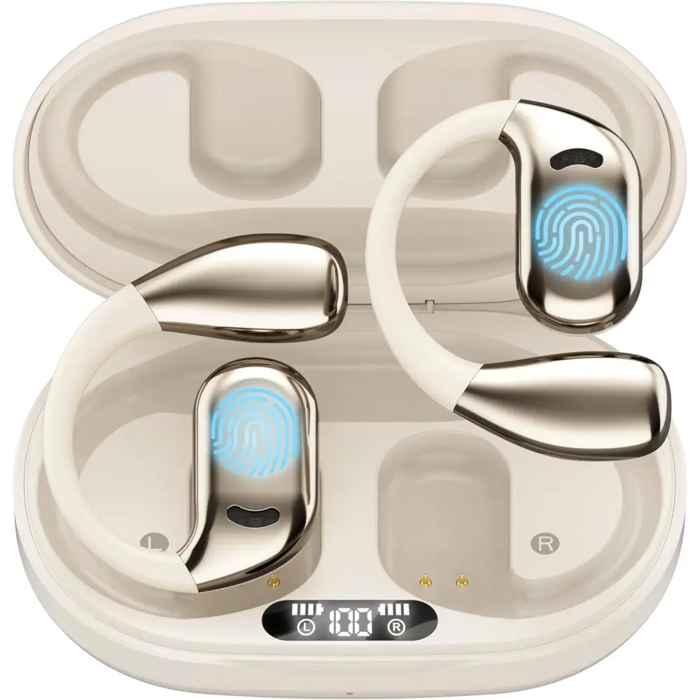Open-ear wireless earbuds in matte black and elegant milky white charging case