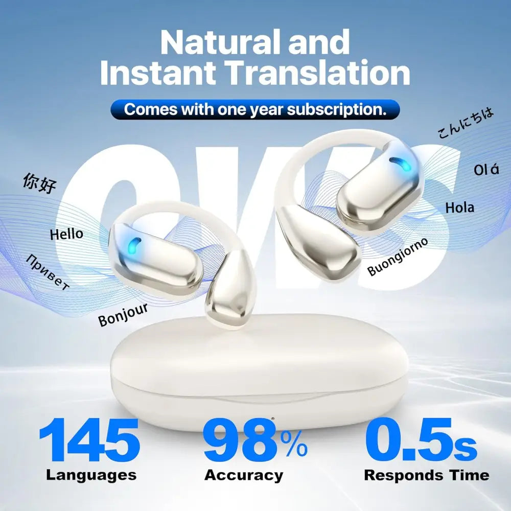 Silver translation earbuds and charging case from Wireless Language Translator Earbuds
