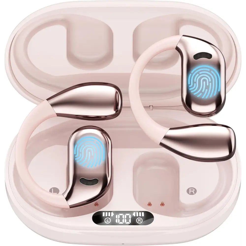 Pink and rose gold wireless earbuds with charging case for Wireless Language Translator