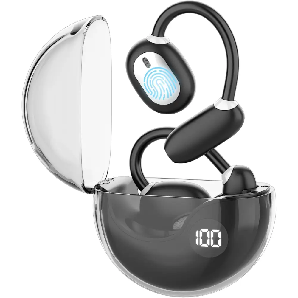 Black wireless bone conduction headphones in a charging case for Wireless Language Translator Earbuds