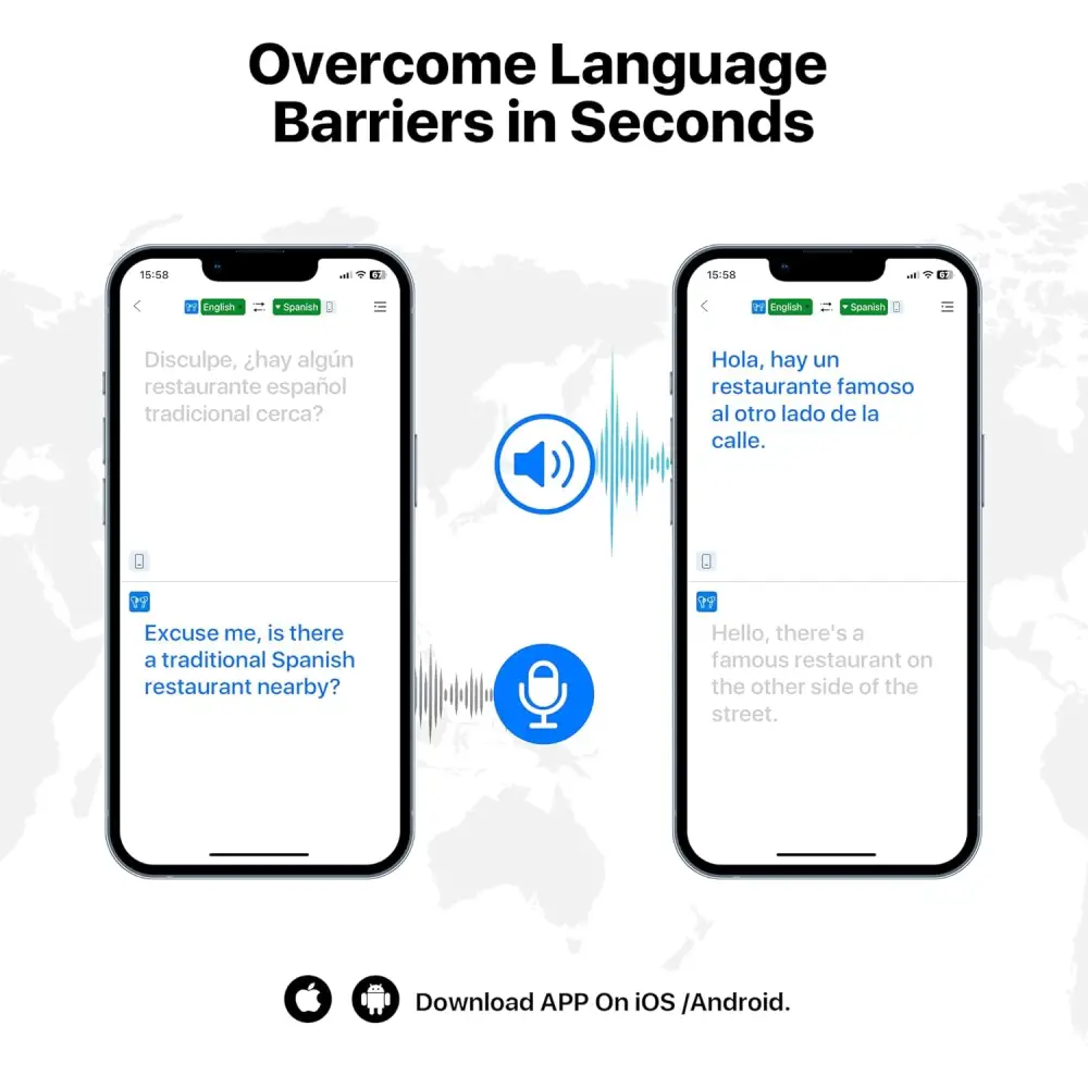 Language translation app interface on Wireless Language Translator Earbuds Matte Black Elegant Milky White