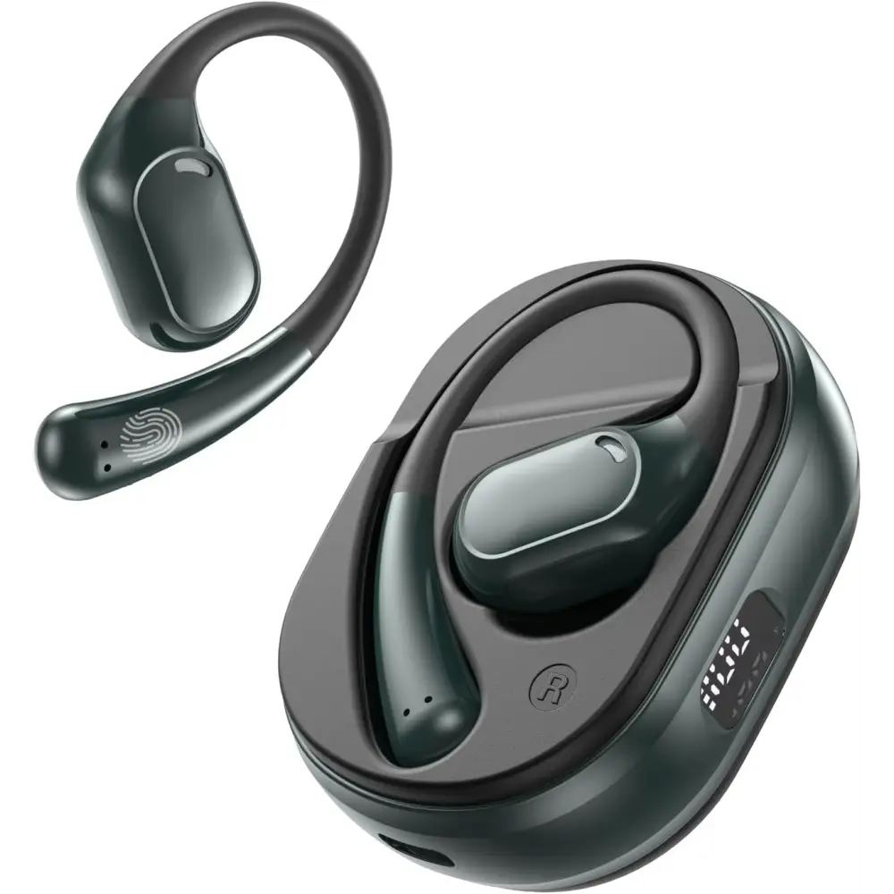 Dark green wireless earbuds with charging case for real-time language translation