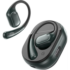 Dark green wireless earbuds with charging case for real-time language translation