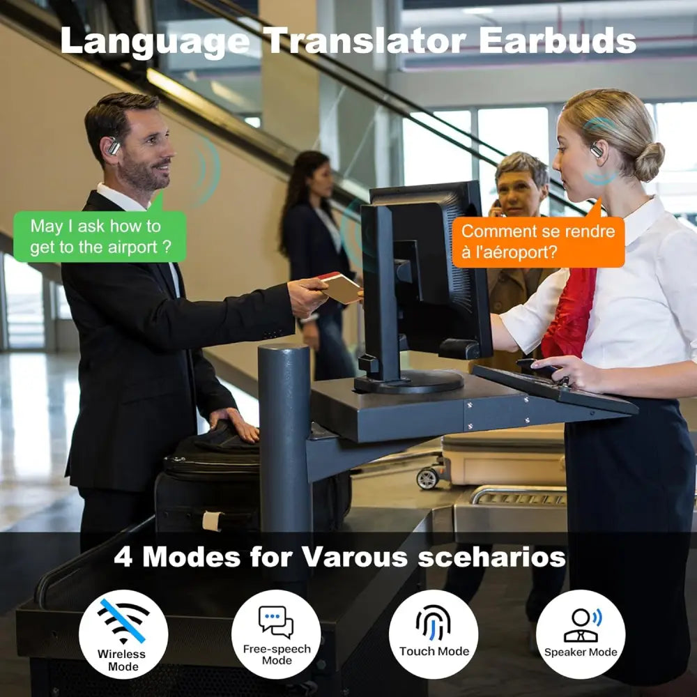 AI Real Time Translation Earbuds advertisement for 144 languages translation