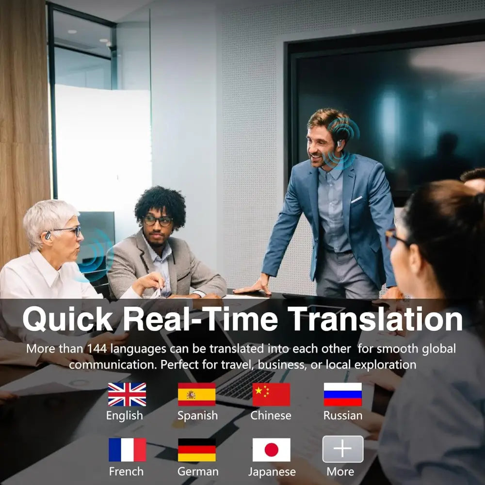 AI Real Time Translation Earbuds advertisement showcasing translation in 144 languages
