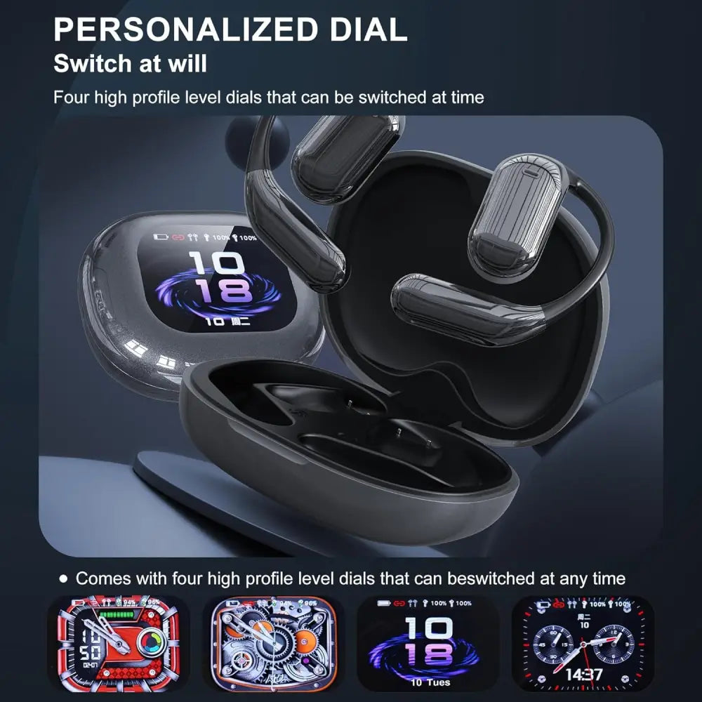 Black open-ear headphones in a charging case for AI Real Time Translation Earbuds