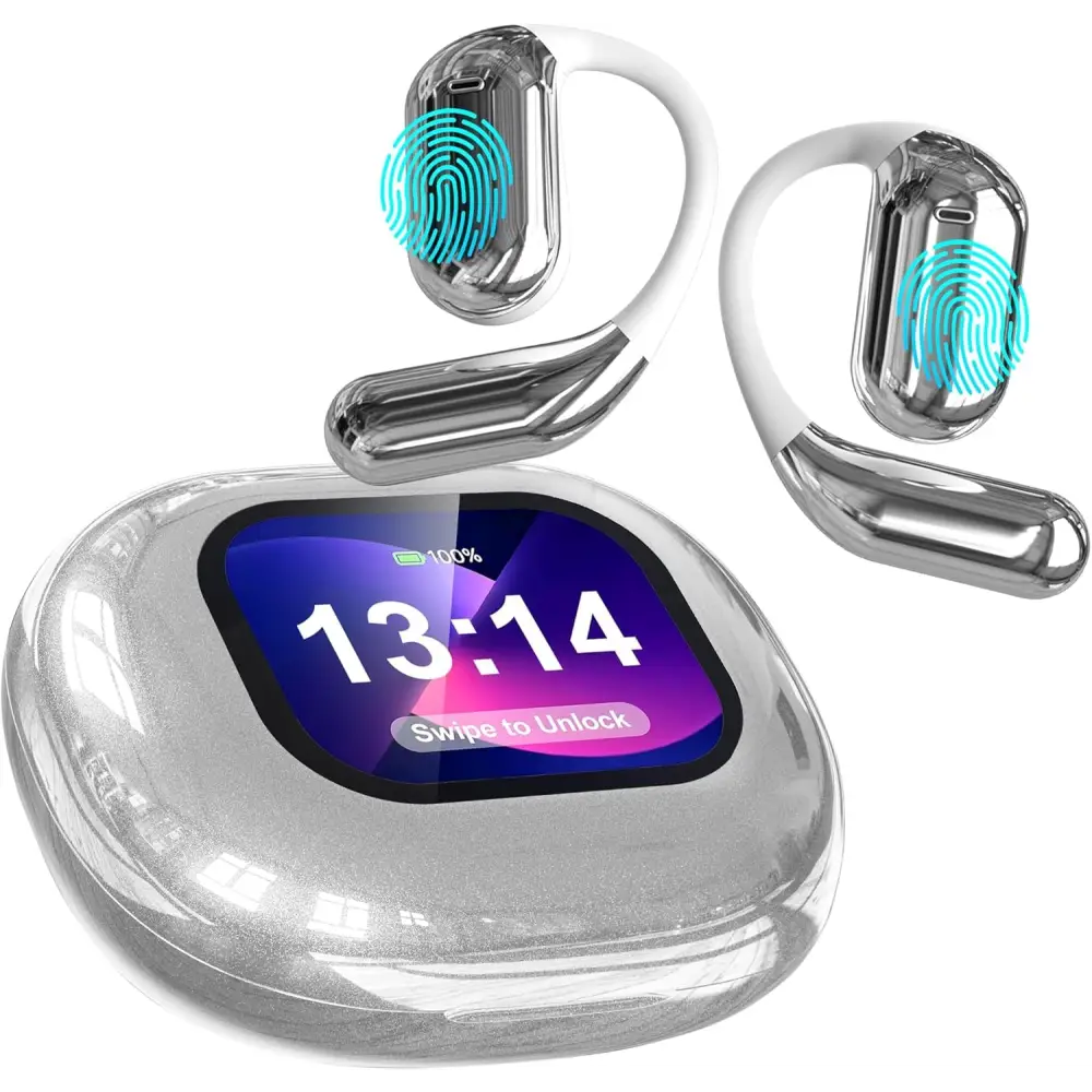 Silver bone conduction headphones with charging case for AI Real Time Translation Earbuds