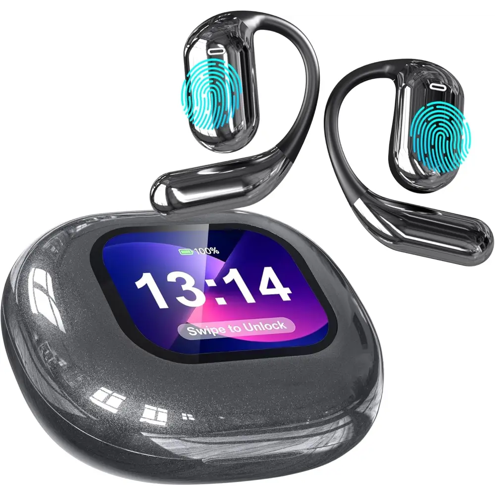Shiny gray AI Real Time Translation Earbuds with charging case for 144 languages