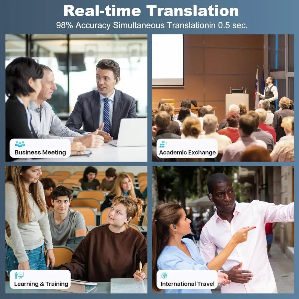 AI Real Time Translation Earbuds advertisement showcasing 144 languages translation capabilities