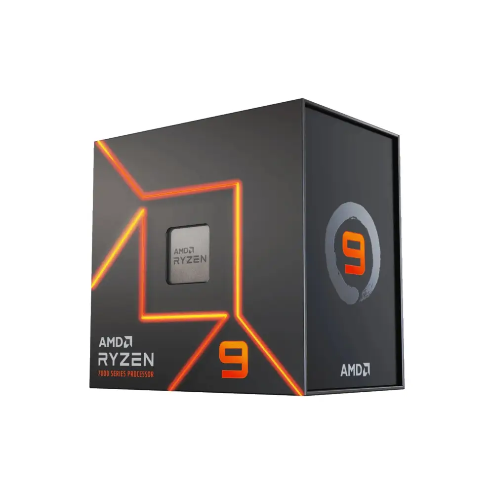 AMD Ryzen 9 7900X Desktop Processor Gaming Streaming CPU box displayed on a shelf