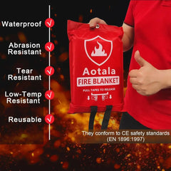 Red fire blanket featuring Aotala Emergency Blanket 1022°F heat resistance details