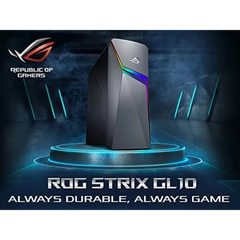 Gray ASUS ROG Strix G10 gaming PC tower with colorful Aura Sync lighting