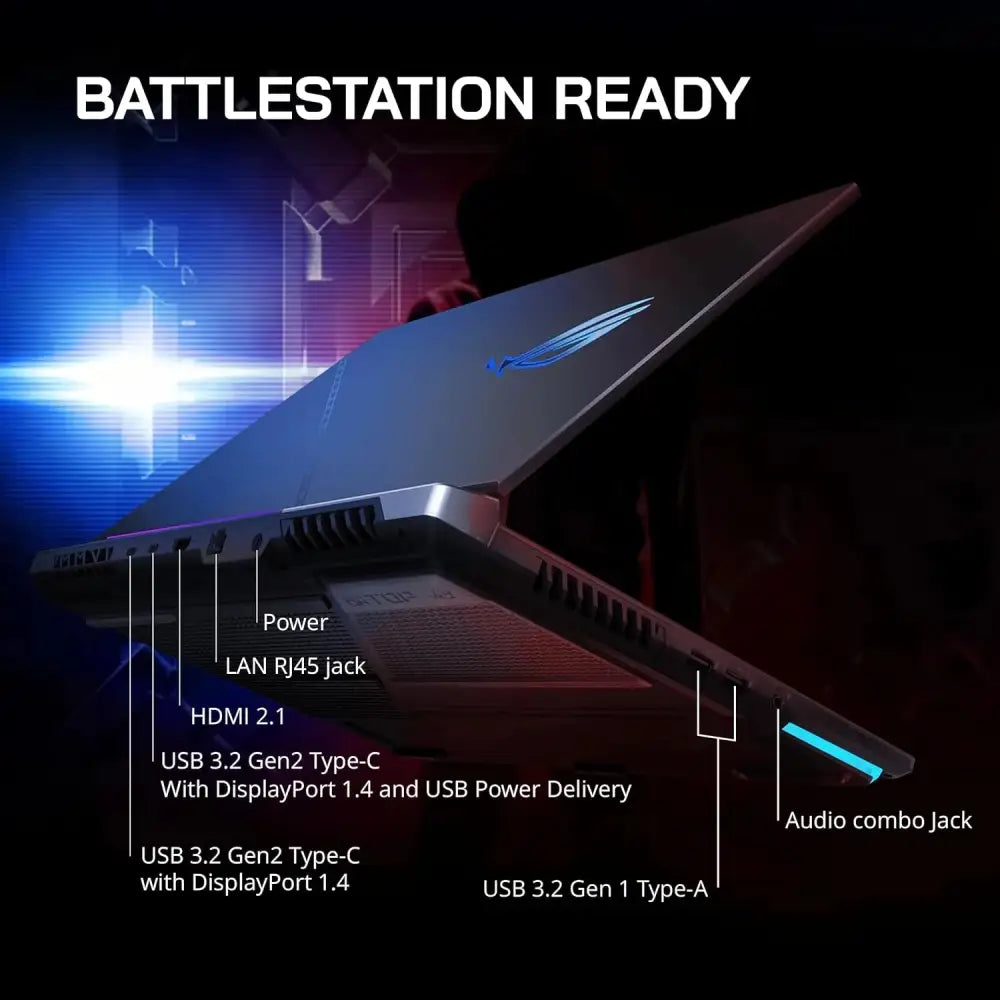 Asus ROG Strix G17 RTX 4060 laptop showcasing gaming ports and connectivity options