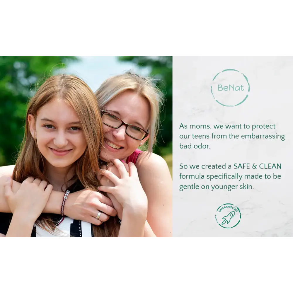 Marketing advertisement for BeNat Natural Deodorant for Kids, Teens, and Expecting Mothers