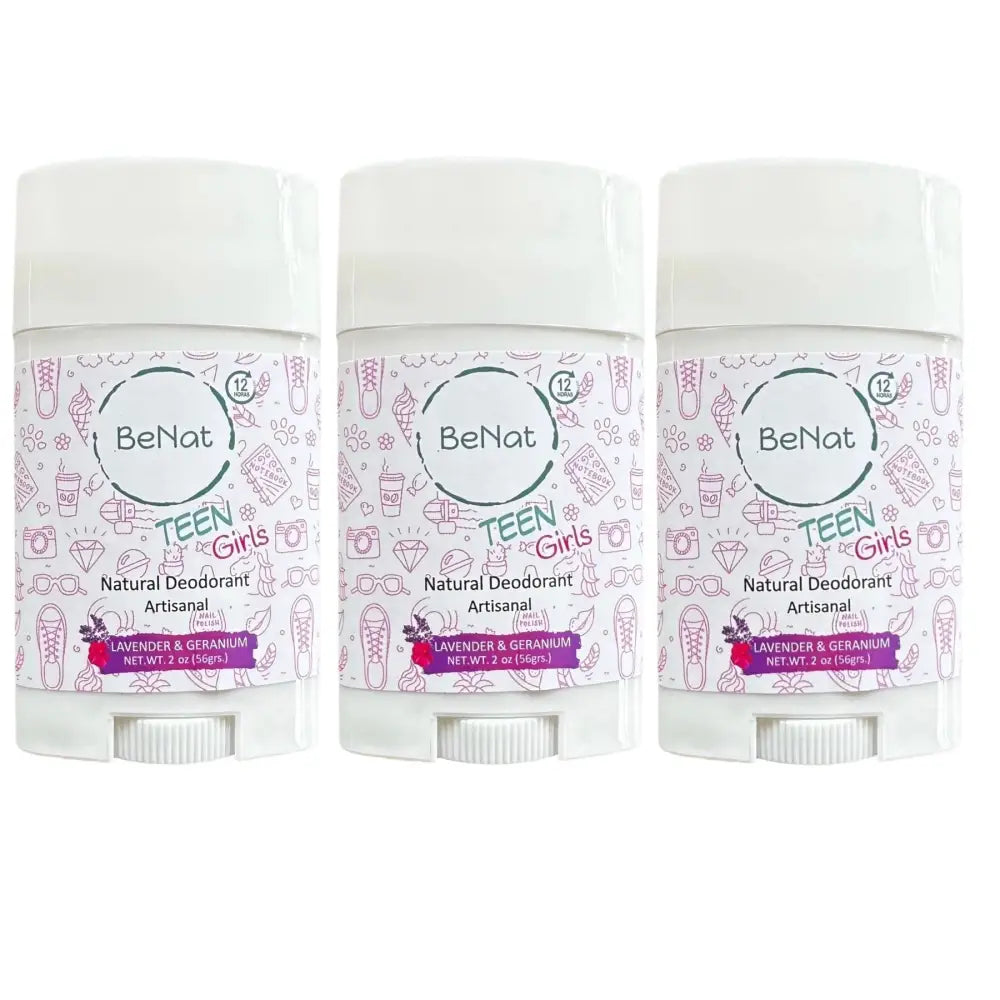 Three BeNat Natural Deodorant sticks for Kids, Teens, and Expecting Mothers