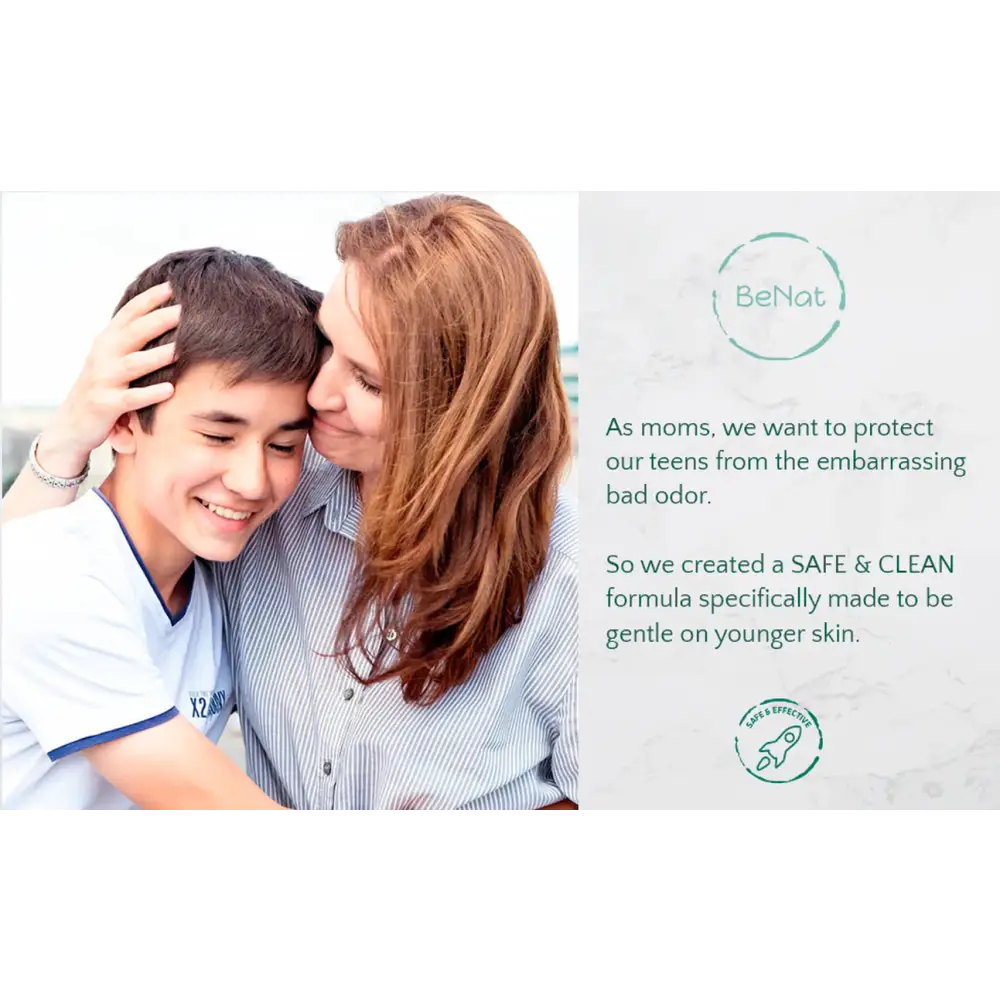 Teen deodorant advertisement for BeNat Natural Deodorant for Kids, Teens, and Expecting Mothers