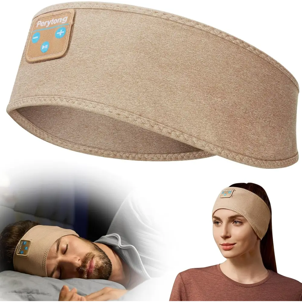 Beige Perytong Bluetooth Sleep Headband with controls for comfortable listening