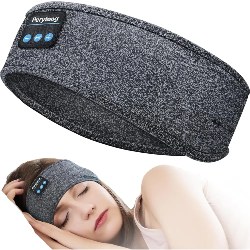 Gray Perytong Bluetooth Sleep Headphones Headband with built-in controls for comfort