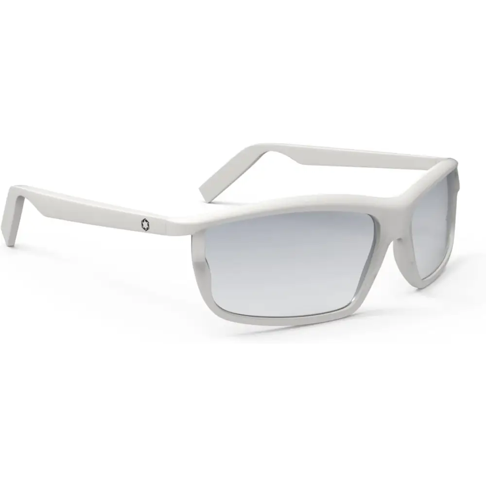 White-framed Lucyd Lyte Bluetooth Sunglasses with gray lenses and touch control
