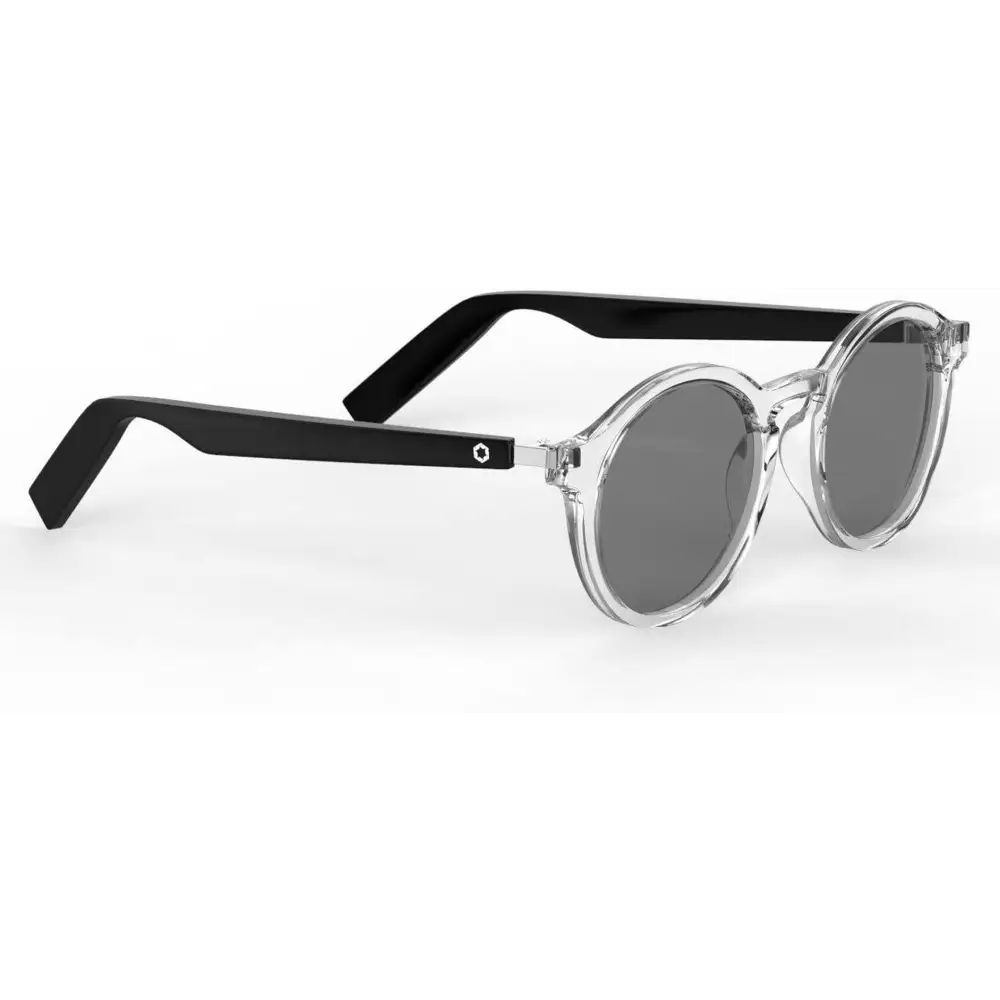 Clear-framed Lucyd Lyte Bluetooth Sunglasses with black temples and touch control