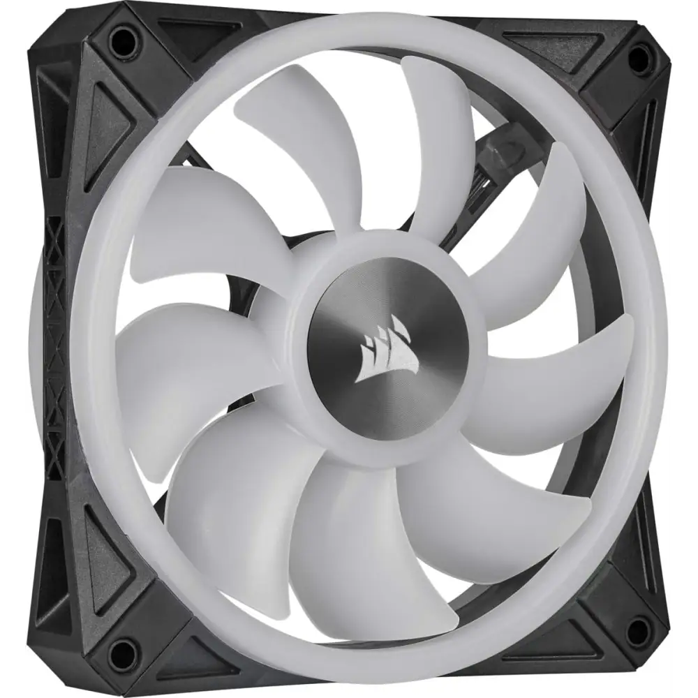 Corsair QL120 RGB Triple Fan Kit showcasing a computer case fan with white blades and RGB ring