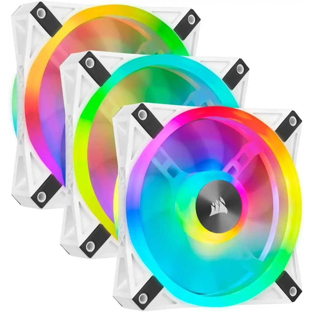 Three white Corsair QL120 RGB computer case fans with vibrant rainbow LED lighting