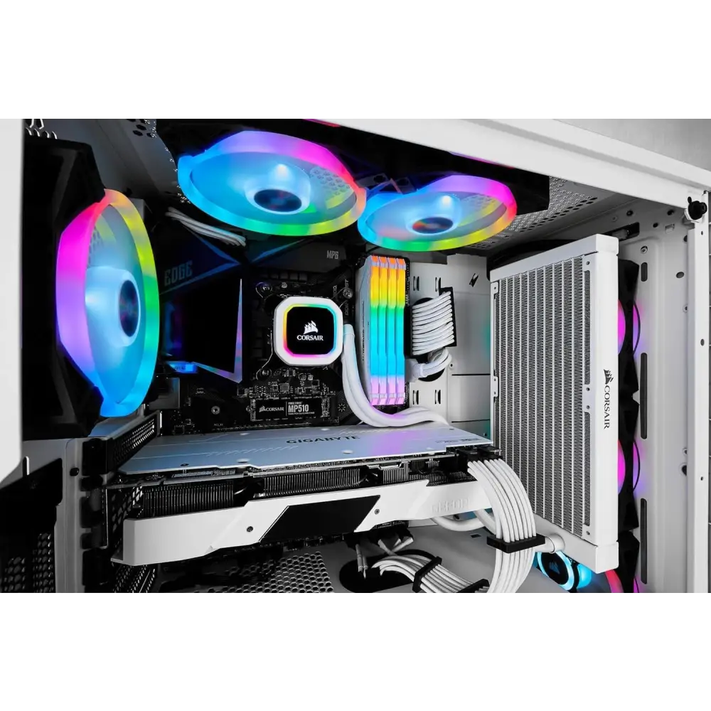 Illuminated Corsair QL120 RGB fans and components inside a white PC case