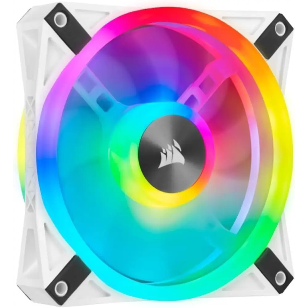 White Corsair QL120 RGB fan with vibrant rainbow lighting in a sleek design