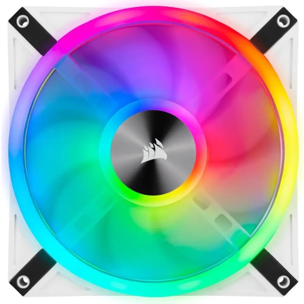 Colorful Corsair QL120 RGB fan showcasing vibrant lighting effects and logo