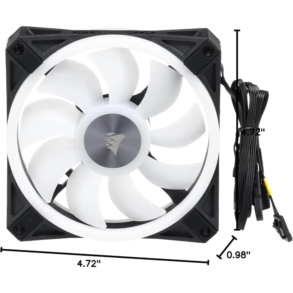 Black and white Corsair QL120 RGB Triple Fan Kit with attached cables