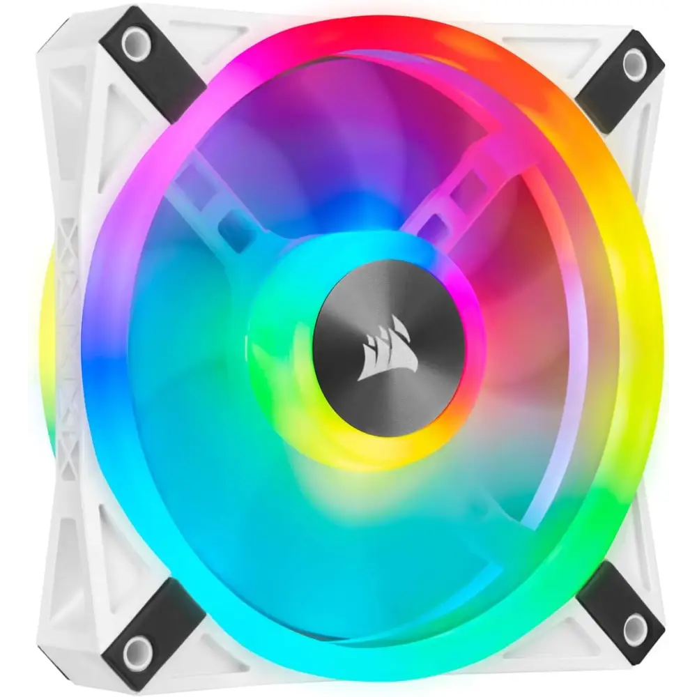White Corsair QL120 RGB computer fan with vibrant lighting for optimal cooling