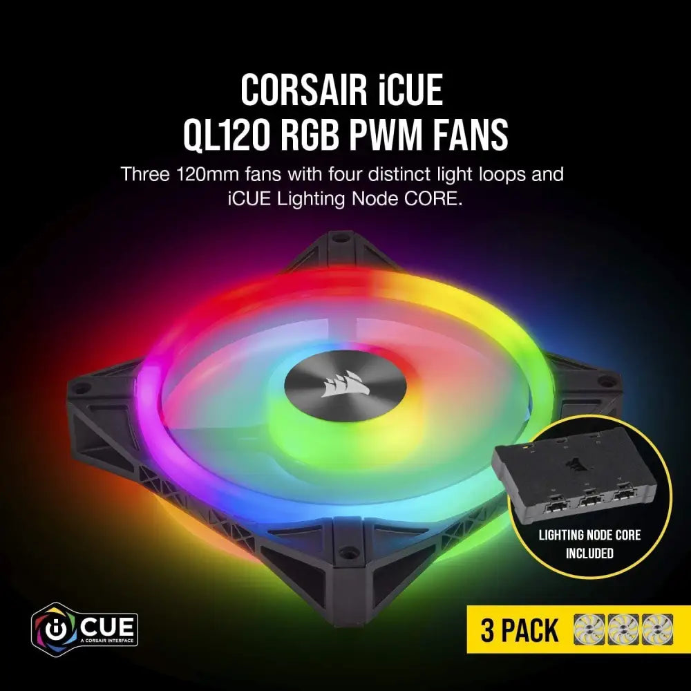 Corsair iCUE QL120 RGB PWM fans in Corsair QL120 RGB Triple Fan Kit display