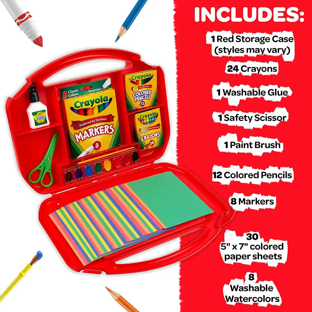 Red Crayola art supply case with various materials in 85-piece art set