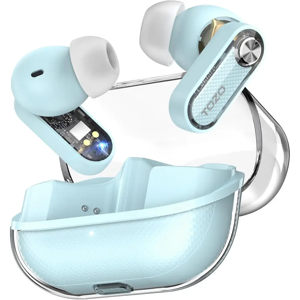 Light blue Tozo Crystal Pods Transparent Bluetooth Earbuds with charging case