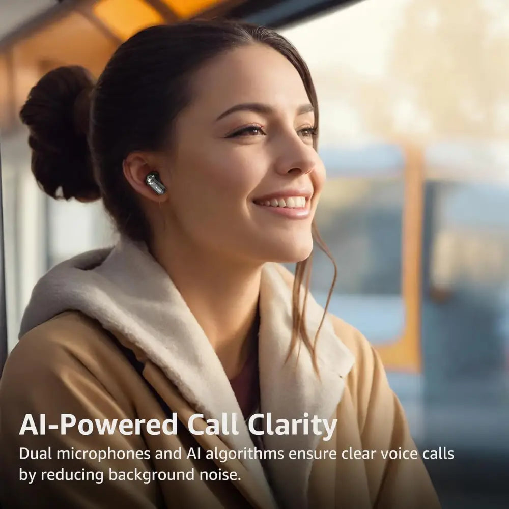 Smiling woman with Tozo Crystal Pods Transparent Bluetooth Earbuds in her ears
