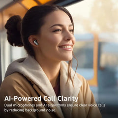 Smiling woman with Tozo Crystal Pods Transparent Bluetooth Earbuds in her ears