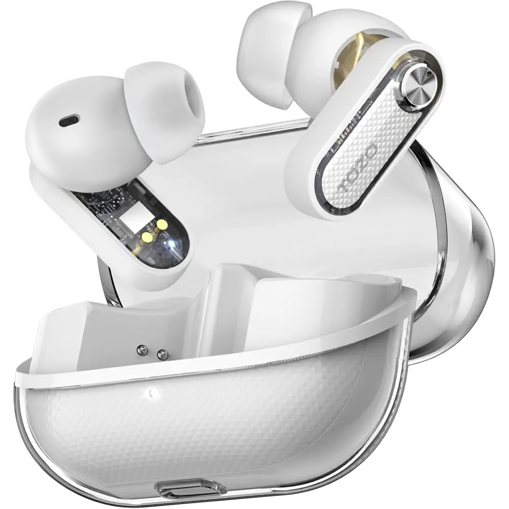 White wireless earbuds in a clear charging case of Tozo Crystal Pods with Hybrid ANC