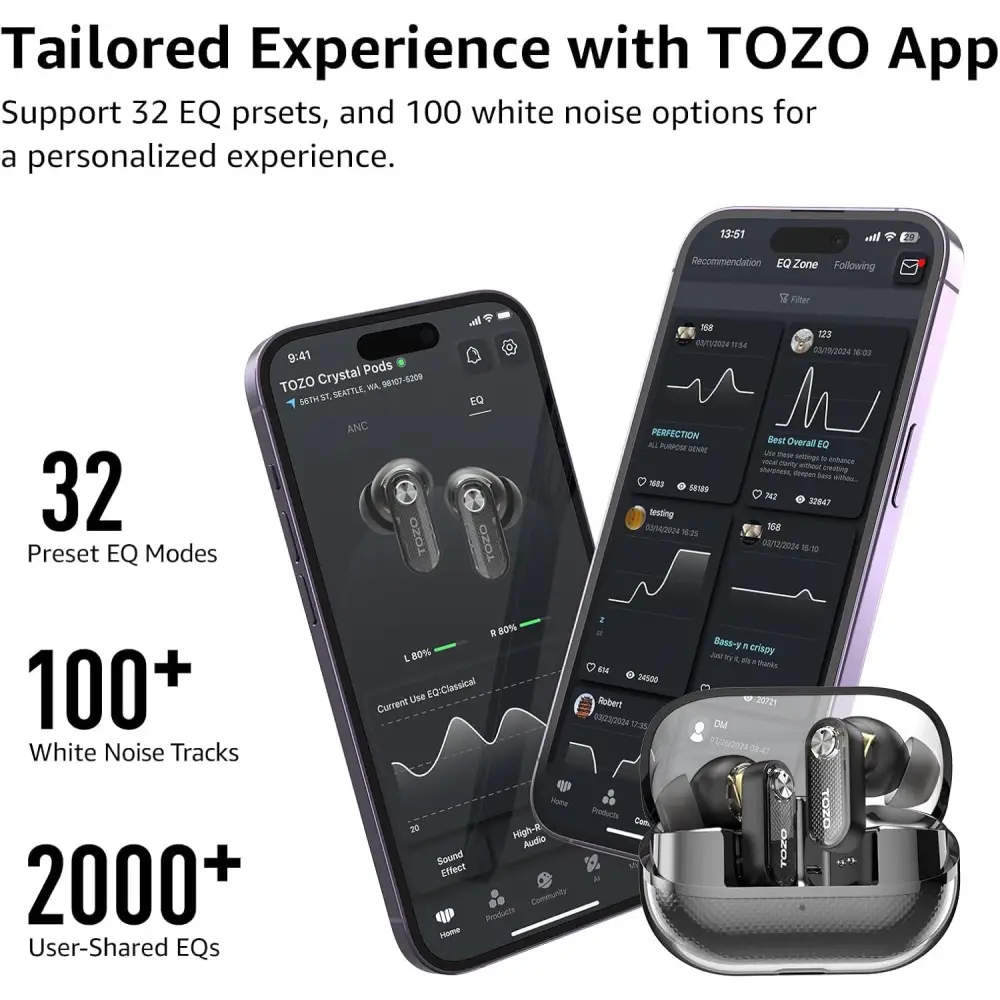 Wireless earbuds Tozo Crystal Pods with app interface and hybrid ANC technology