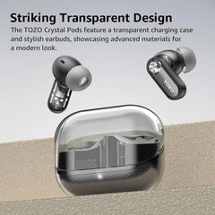 Transparent Tozo Crystal Pods Bluetooth Earbuds with Hybrid ANC and charging case