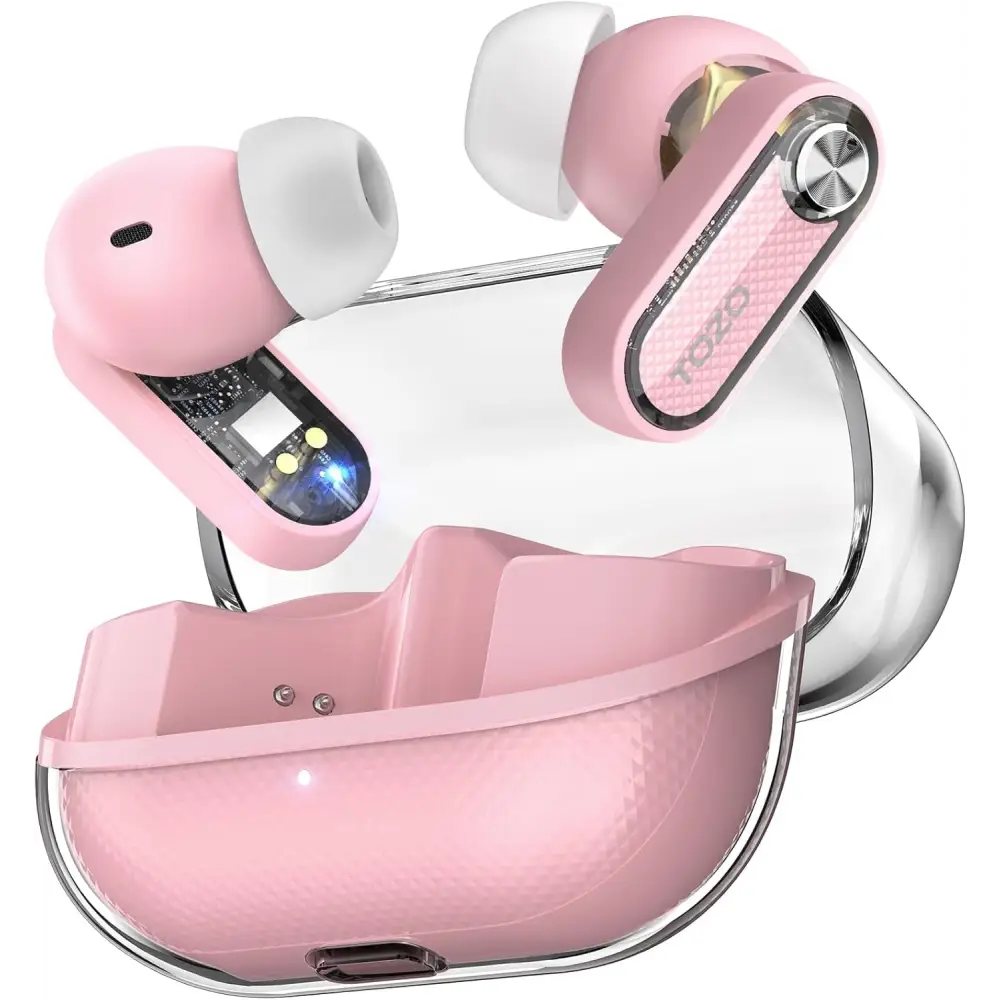 Pink Tozo Crystal Pods Transparent Bluetooth Earbuds with charging case and Hybrid ANC