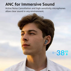 Man using Tozo Crystal Pods Transparent Bluetooth Earbuds with Hybrid ANC technology