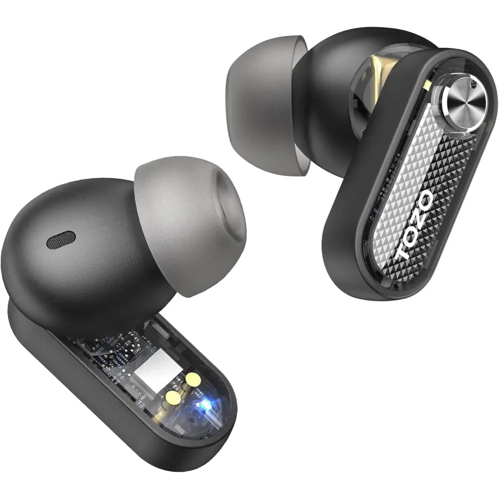 Black wireless earbuds from Tozo Crystal Pods with Hybrid ANC technology