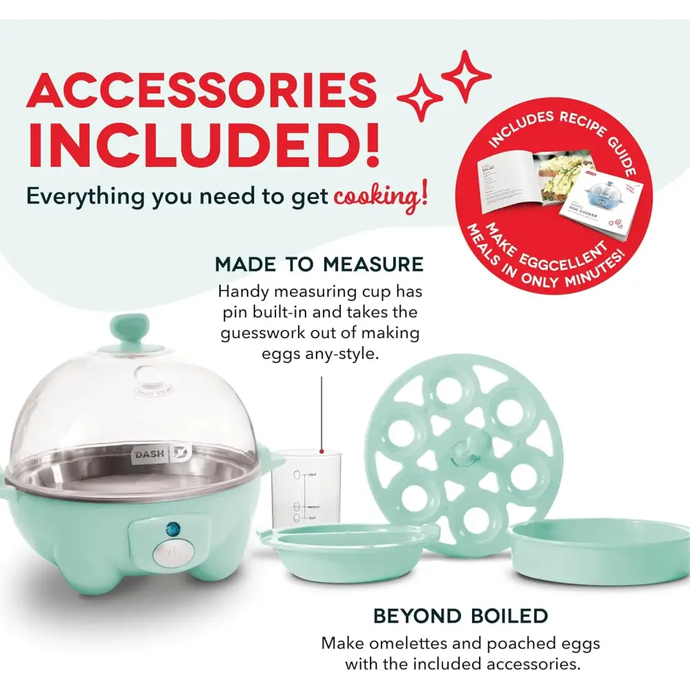 Mint-colored Dash Rapid Egg Cooker with accessories for perfect eggs